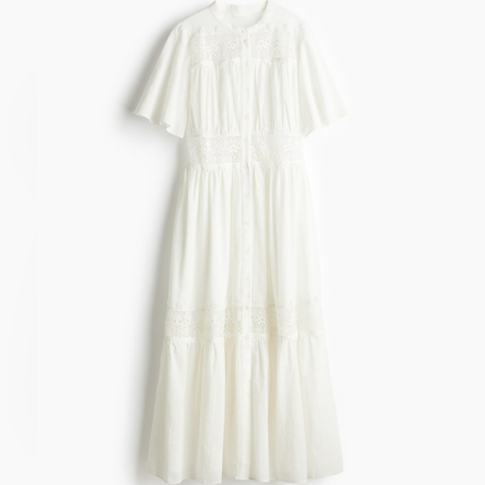 H&M Lace-inset Cotton Maxi Dress Tiered Woven Unlined/See Through White  NWT - Picture 7 of 15